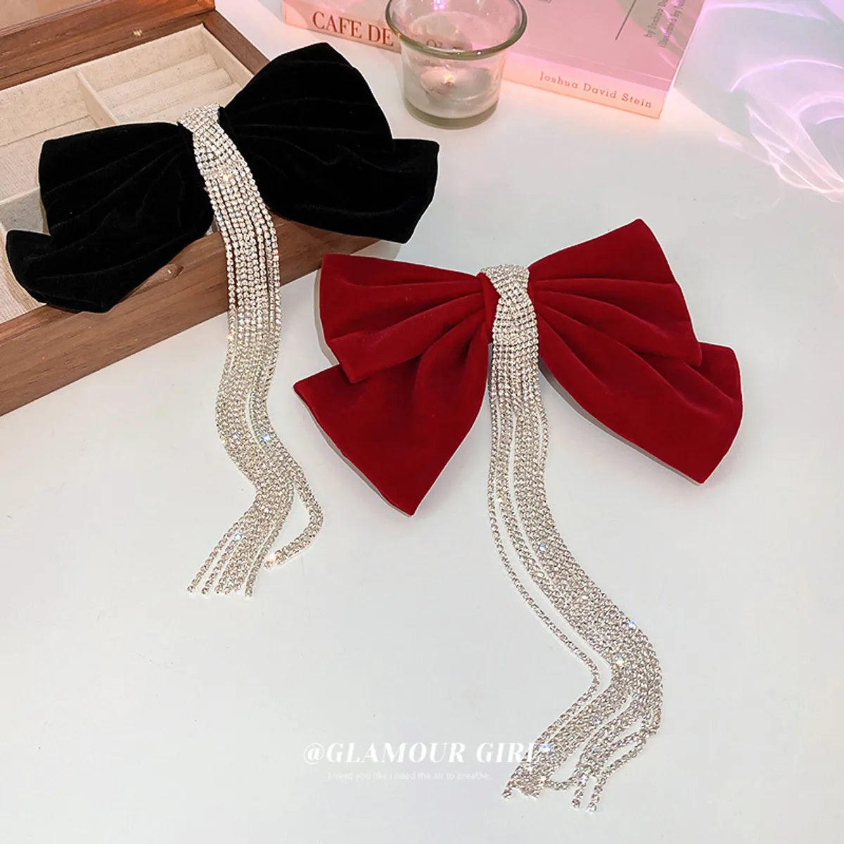 Women'S Sweet Bow Knot Cloth Tassel Rhinestones Hair Clip