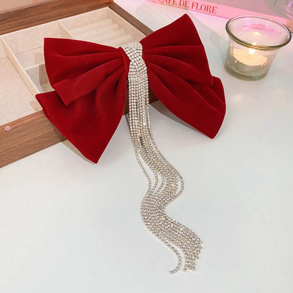 Women'S Sweet Bow Knot Cloth Tassel Rhinestones Hair Clip