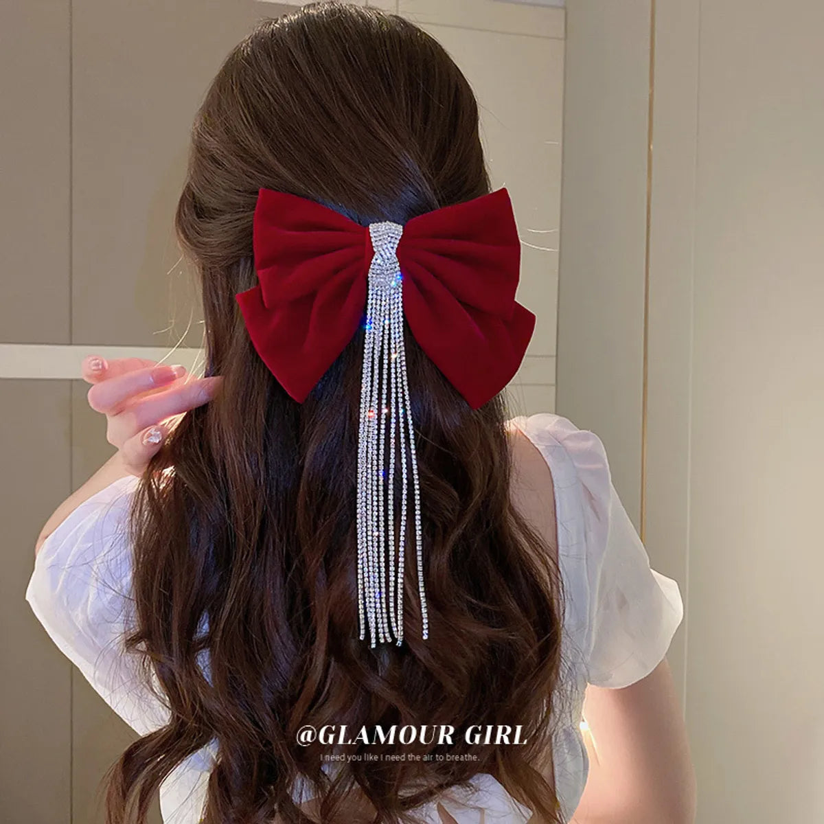 Women'S Sweet Bow Knot Cloth Tassel Rhinestones Hair Clip