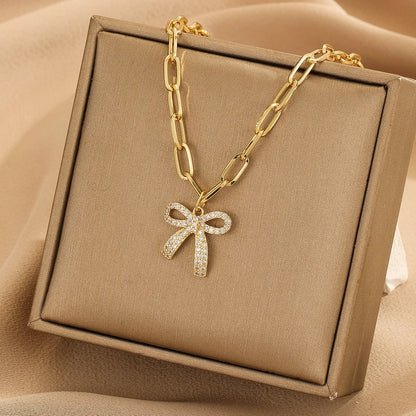 Sweet Bow Knot Copper Zircon Pendant Necklace