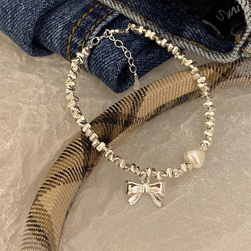 Sweet Bow Knot Sterling Silver Beaded Pearl Plating Bracelets