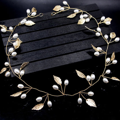 Sweet Bride Golden Headdress Leaves Pearl Hairband Hair Accessories