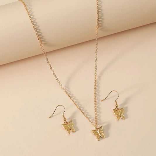 Sweet Butterfly Alloy Gold Plated Women's Earrings Necklace