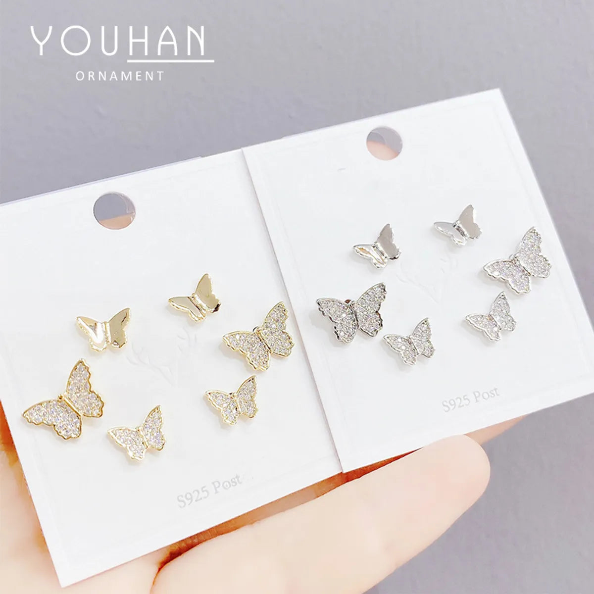 Sweet Butterfly Copper Ear Studs Gold Plated Zircon Copper Earrings 3 Pairs