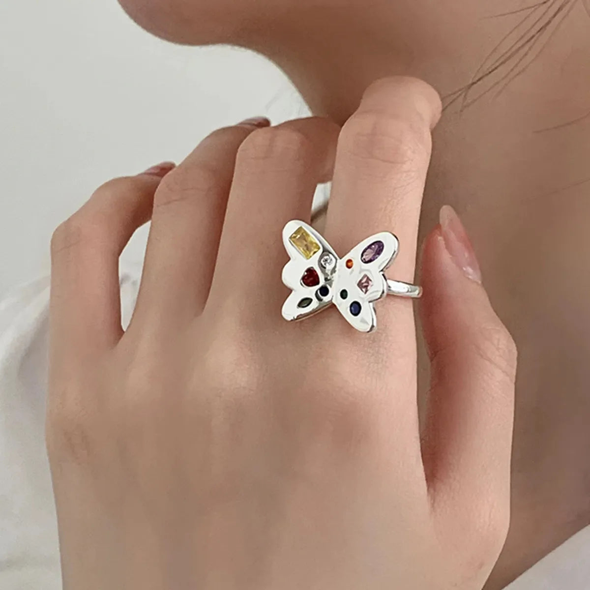 Sweet Butterfly Copper Irregular Inlay Zircon White Gold Plated Women's Open Rings