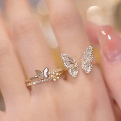 Sweet Butterfly Copper Plating Inlay Artificial Diamond Shell Open Rings