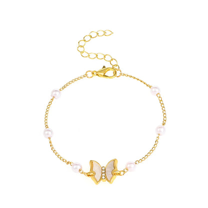 Sweet Butterfly Imitation Pearl Alloy Bracelets 1 Piece