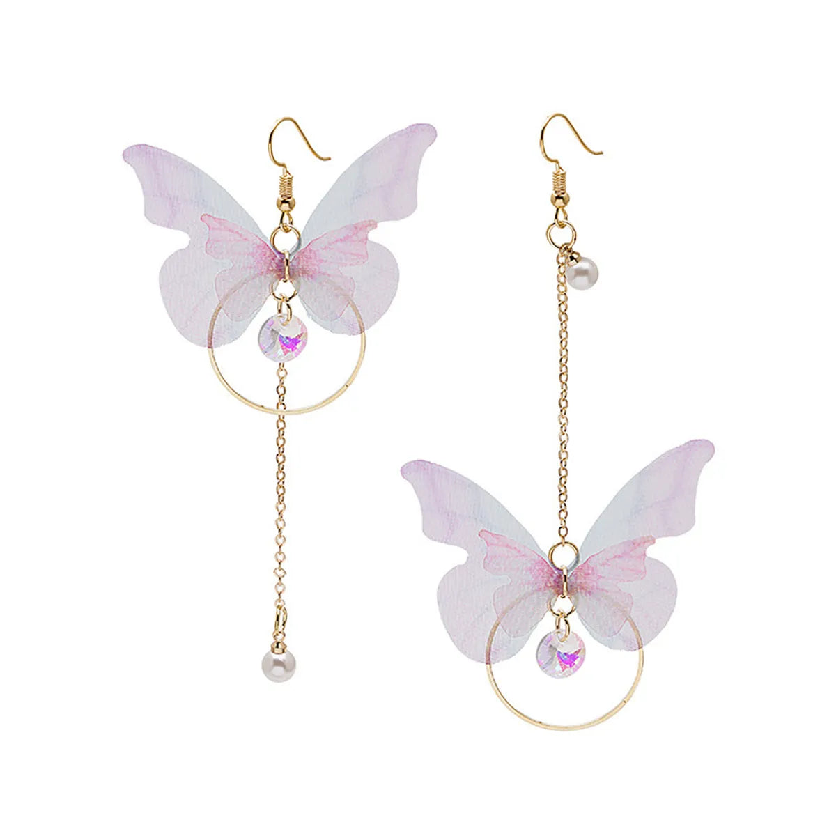 Sweet Butterfly Polyester Fabric Alloy Inlay Artificial Pearls Rhinestones Women'S Earrings 1 Pair