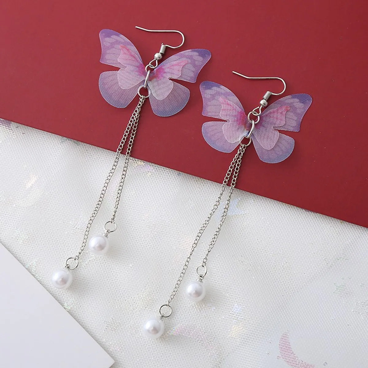 Sweet Butterfly Polyester Fabric Alloy Inlay Artificial Pearls Rhinestones Women'S Earrings 1 Pair