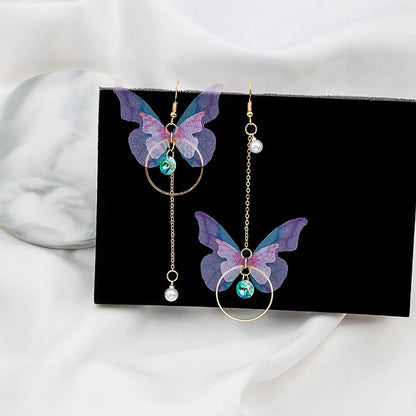 Sweet Butterfly Polyester Fabric Alloy Inlay Artificial Pearls Rhinestones Women'S Earrings 1 Pair