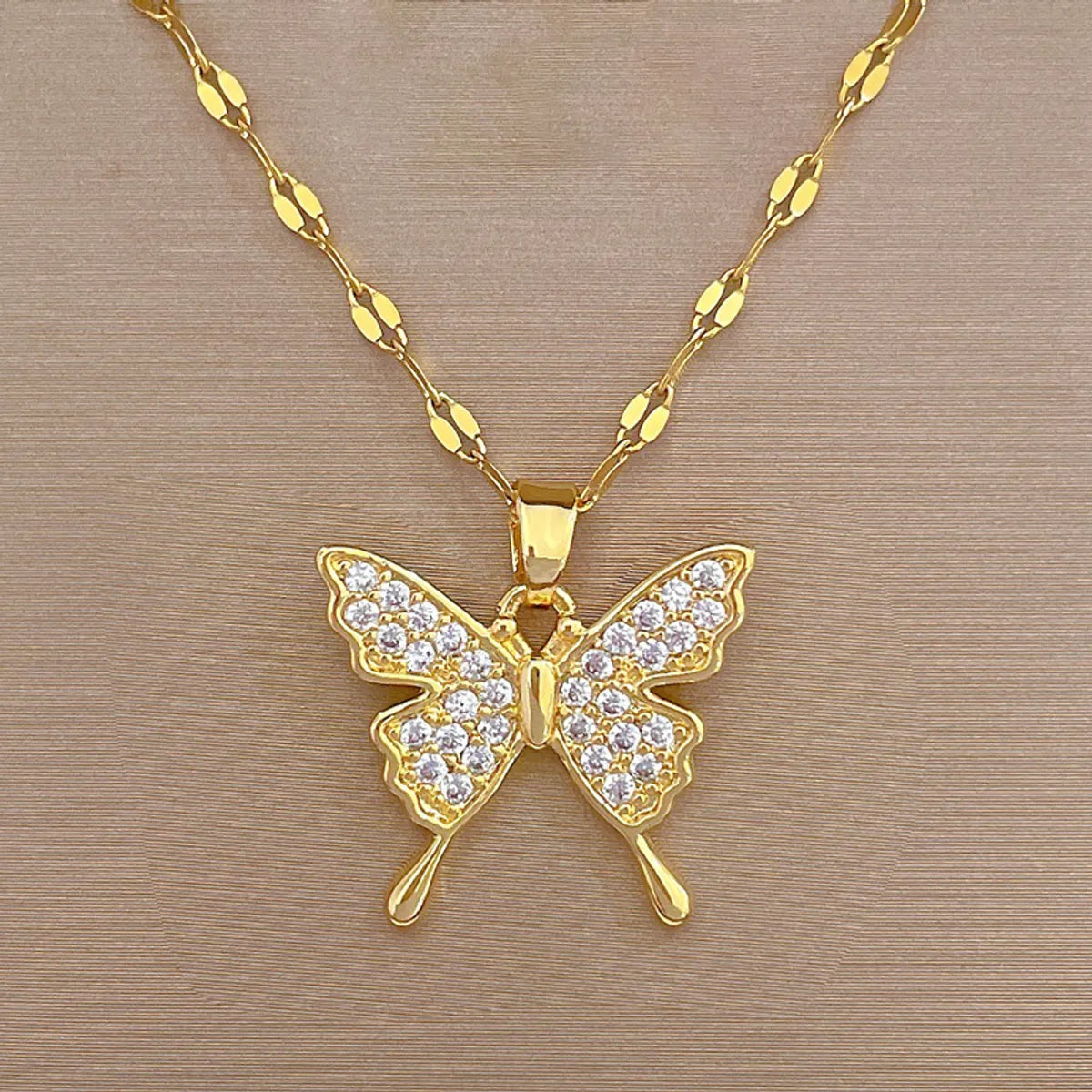 Stainless Steel Copper Sweet Inlay Butterfly Artificial Gemstones Pendant Necklace