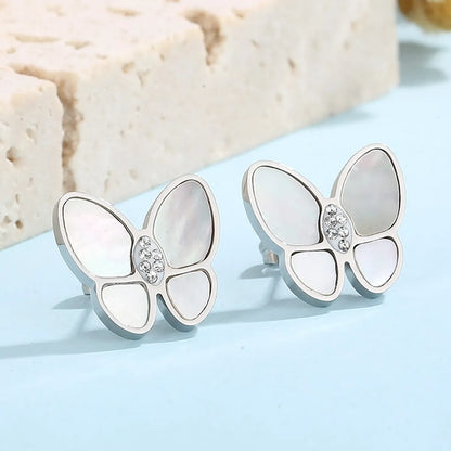 Sweet Butterfly Stainless Steel Inlay Rhinestones Shell Ear Studs 1 Pair