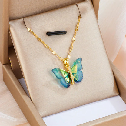 Sweet Butterfly Titanium Steel Artificial Gemstones Pendant Necklace In Bulk