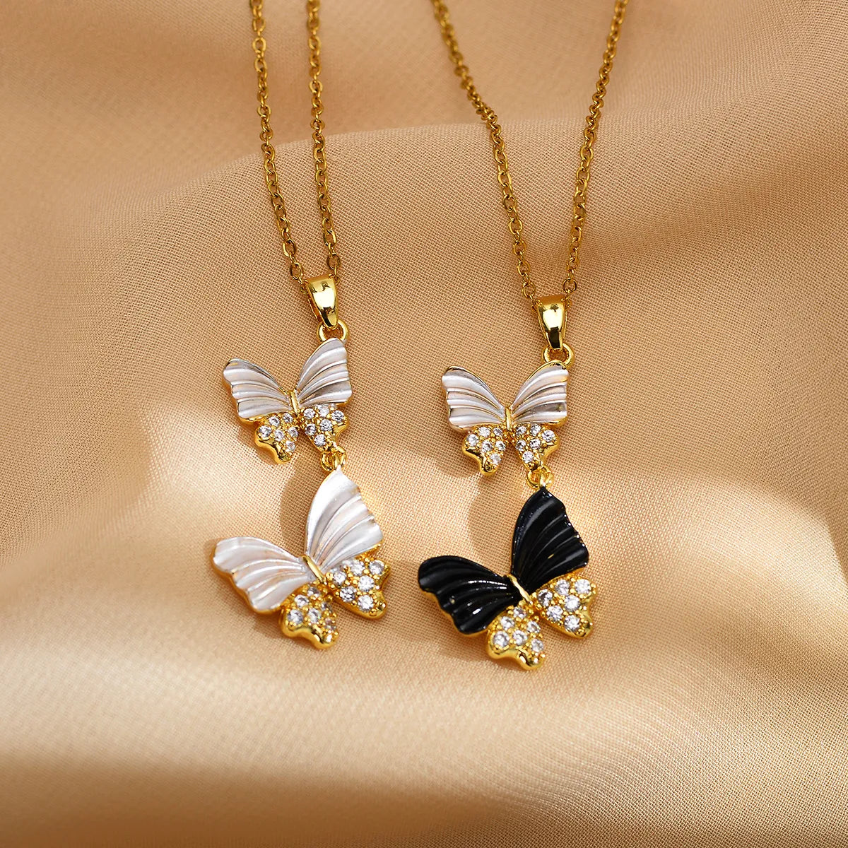 Sweet Butterfly Titanium Steel Copper Inlay Zircon Pendant Necklace