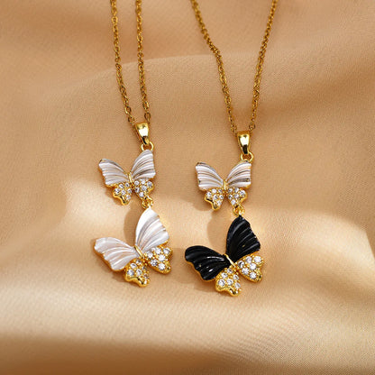 Sweet Butterfly Titanium Steel Copper Inlay Zircon Pendant Necklace