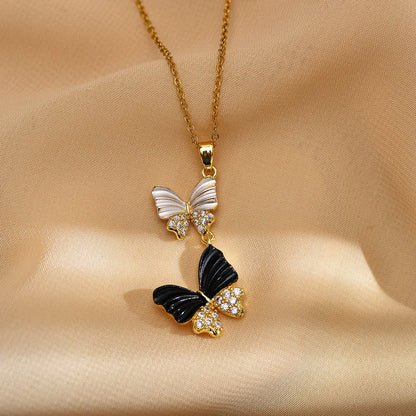 Sweet Butterfly Titanium Steel Copper Inlay Zircon Pendant Necklace