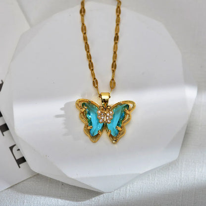 Sweet Butterfly Titanium Steel Copper Inlay Zircon Pendant Necklace