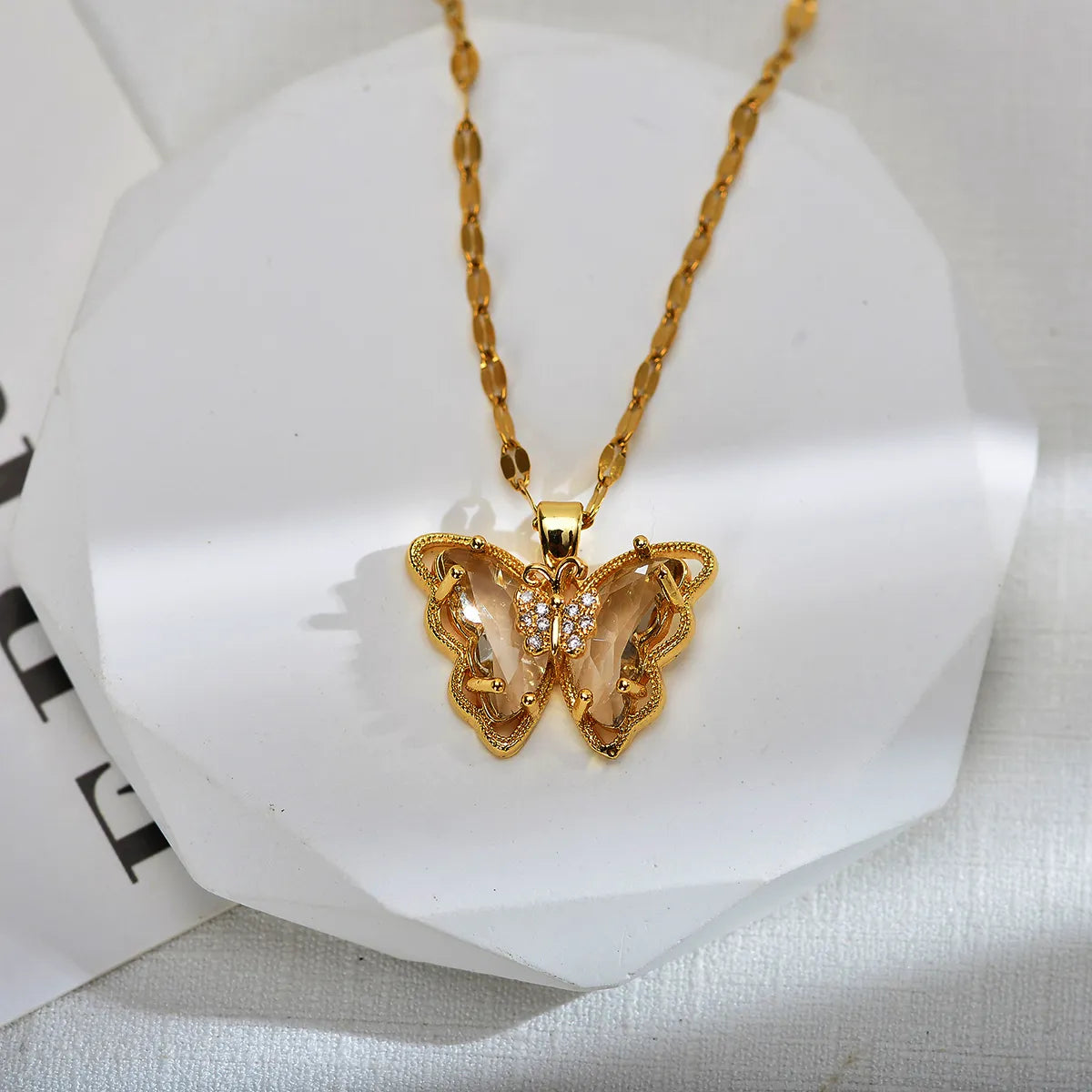 Sweet Butterfly Titanium Steel Copper Inlay Zircon Pendant Necklace