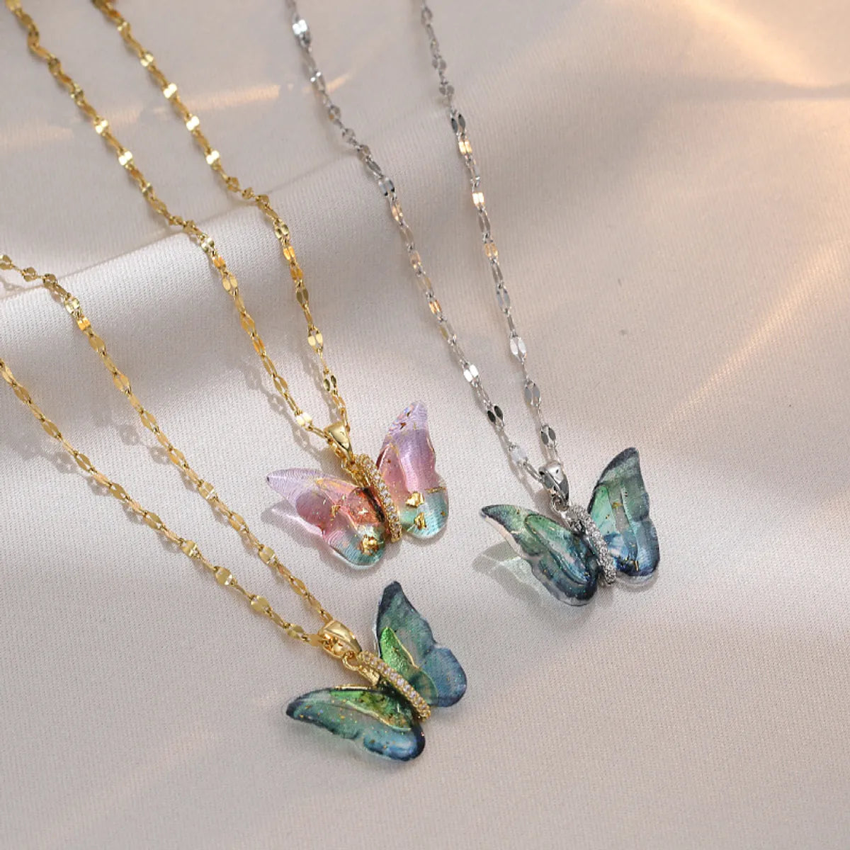 Sweet Butterfly Titanium Steel Inlay Zircon Pendants Pendant Necklace