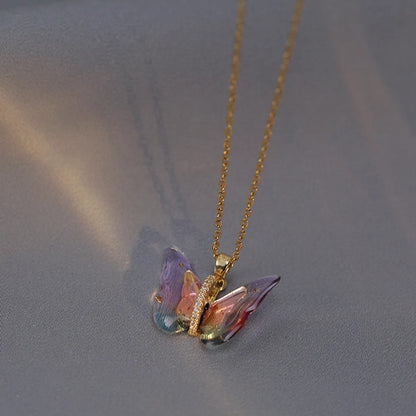 Sweet Butterfly Titanium Steel Inlay Zircon Pendants Pendant Necklace