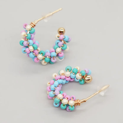 1 Pair Sweet C Shape Multicolor Beaded Braid Glass Copper Ear Studs