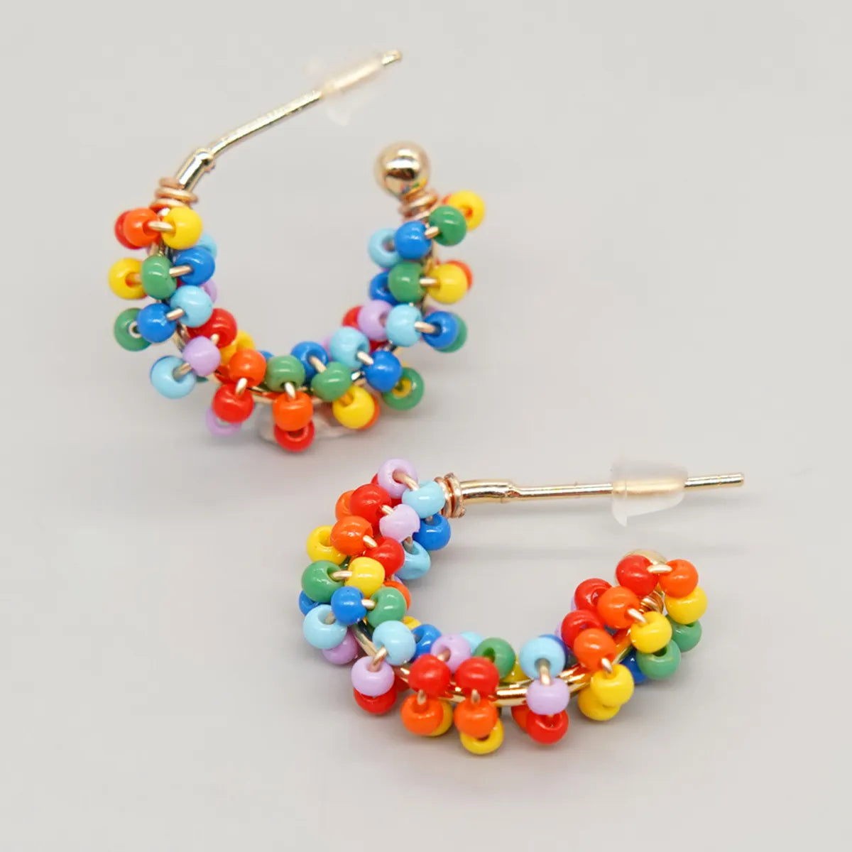 1 Pair Sweet C Shape Multicolor Beaded Braid Glass Copper Ear Studs