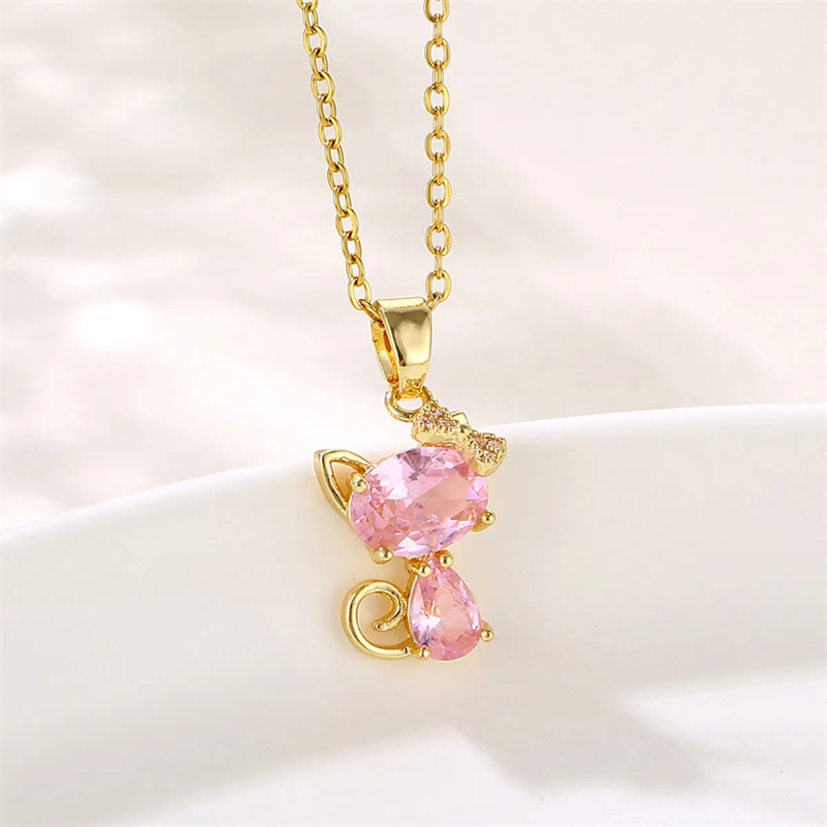 Sweet Cat Stainless Steel Plating Inlay Artificial Diamond Pendant Necklace