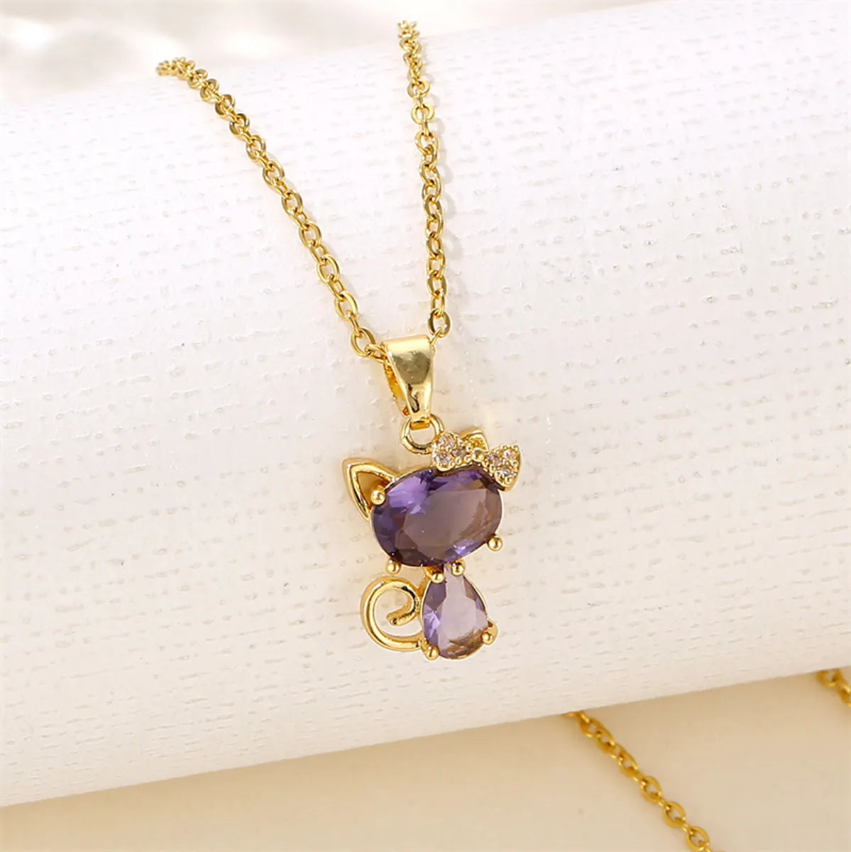 Sweet Cat Stainless Steel Plating Inlay Artificial Diamond Pendant Necklace