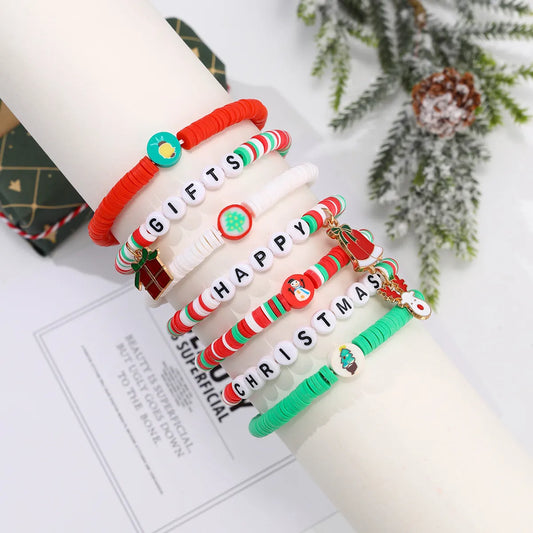 Sweet Christmas Tree Letter Snowman Soft Clay Beaded Christmas Women's Bracelets