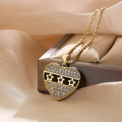 Sweet Commute Star Heart Shape Copper Plating Inlay Zircon 18k Gold Plated Pendant Necklace