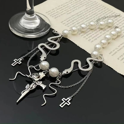 Sweet Cool Style Cross Rose Snake Imitation Pearl Alloy Plating Women's Necklace