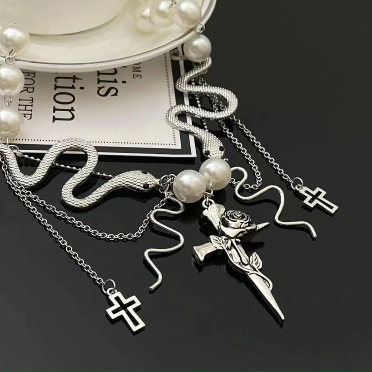 Sweet Cool Style Cross Rose Snake Imitation Pearl Alloy Plating Women's Necklace