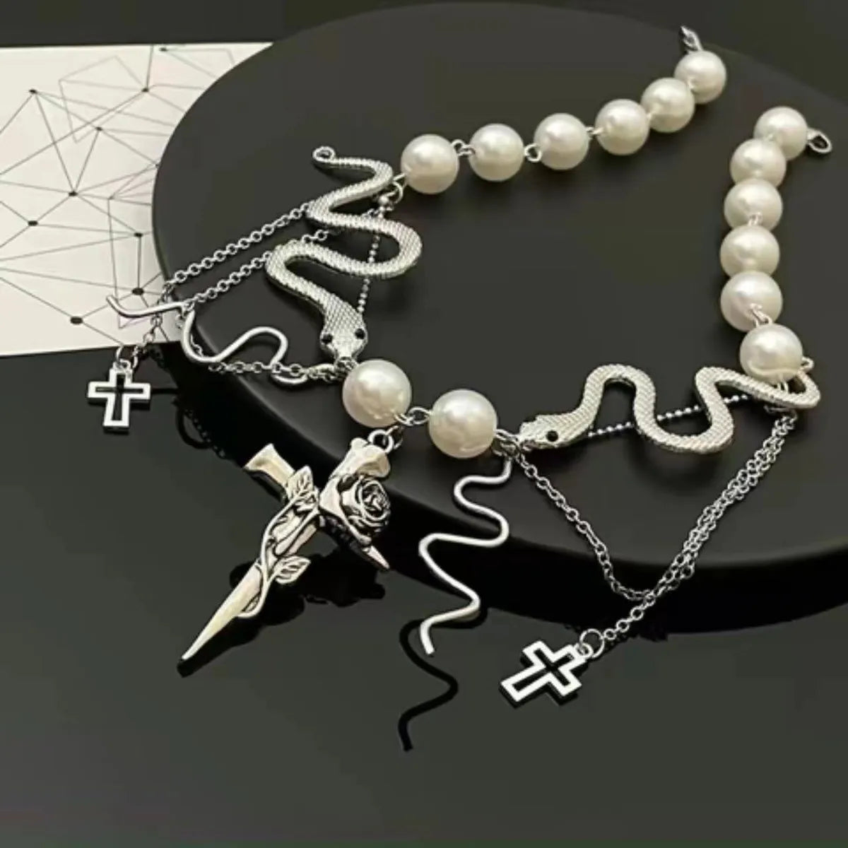 Sweet Cool Style Cross Rose Snake Imitation Pearl Alloy Plating Women's Necklace