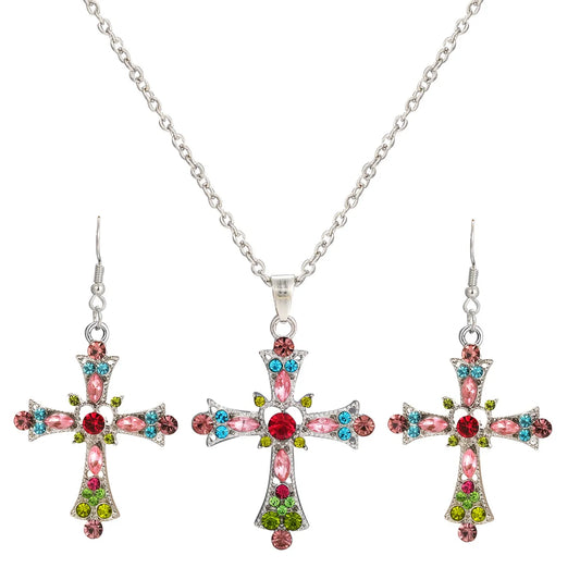 Sweet Cross Alloy Inlay Artificial Gemstones Women's Earrings Necklace