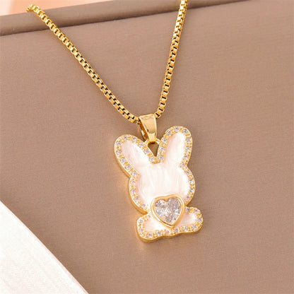 Sweet Cross Little Bear Flower Stainless Steel Enamel Plating Inlay Artificial Diamond 18k Gold Plated Pendant Necklace