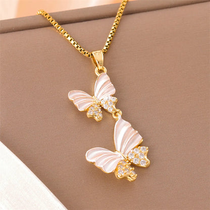 Sweet Cross Little Bear Flower Stainless Steel Enamel Plating Inlay Artificial Diamond 18k Gold Plated Pendant Necklace