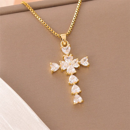 Sweet Cross Little Bear Flower Stainless Steel Enamel Plating Inlay Artificial Diamond 18k Gold Plated Pendant Necklace