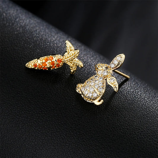 Sweet Cute Rabbit Carrot Shape Copper Plated 18k Gold Zircon Earrings Stud