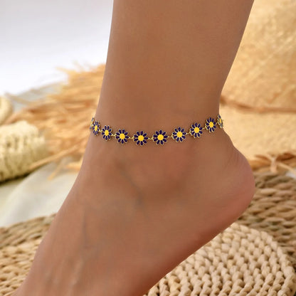 Sweet Flower Artificial Pearl Alloy Beaded Enamel Women'S Anklet