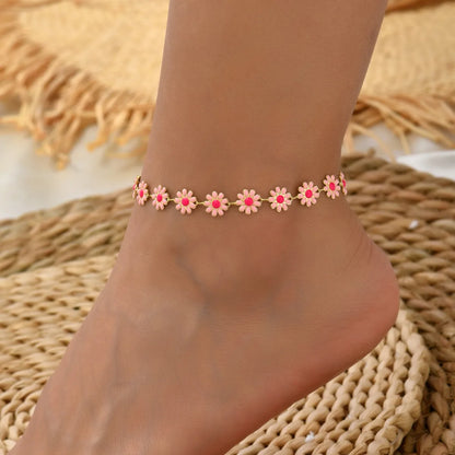 Sweet Flower Artificial Pearl Alloy Beaded Enamel Women'S Anklet