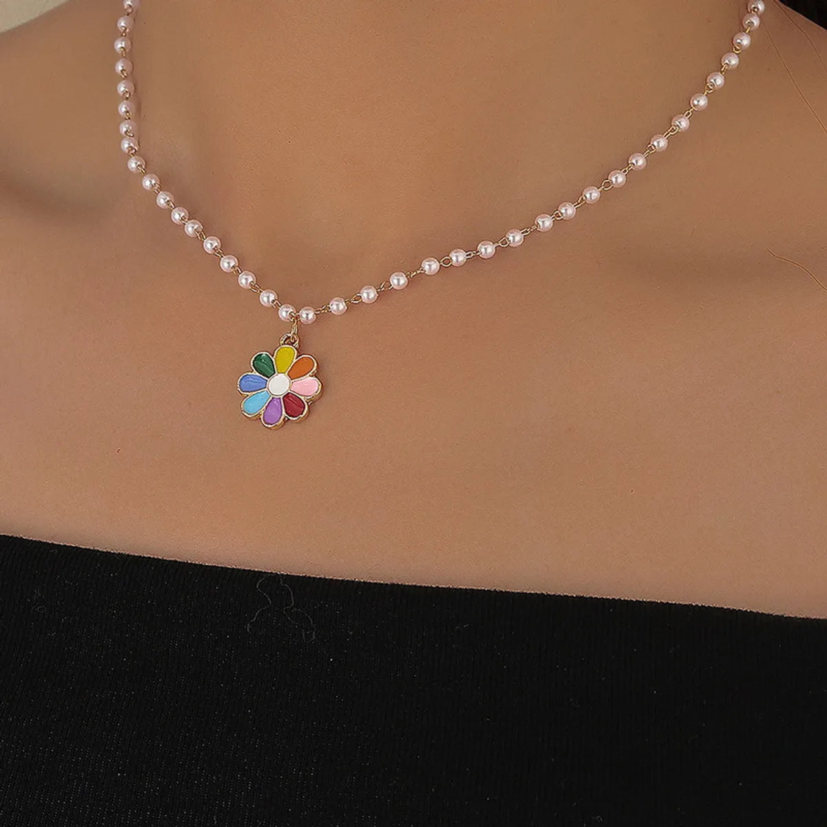 Sweet Flower Artificial Pearl Alloy Beaded Plating Women's Pendant Necklace