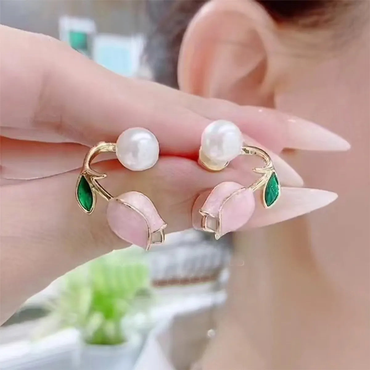 1 Pair Sweet Flower Plating Imitation Pearl Alloy Ear Studs