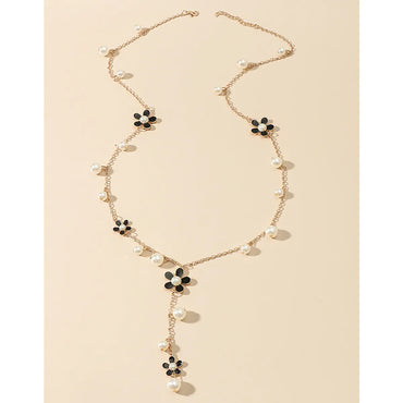 Sweet Flower Imitation Pearl Enamel Inlay Pearl Women's Sweater Chain