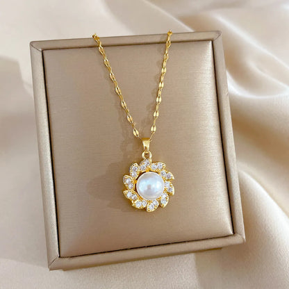 Sweet Flower Stainless Steel Copper Plating Inlay Pearl Zircon Pendant Necklace 1 Piece