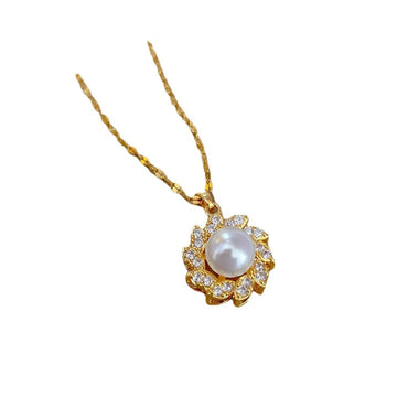 Sweet Flower Stainless Steel Copper Plating Inlay Pearl Zircon Pendant Necklace 1 Piece