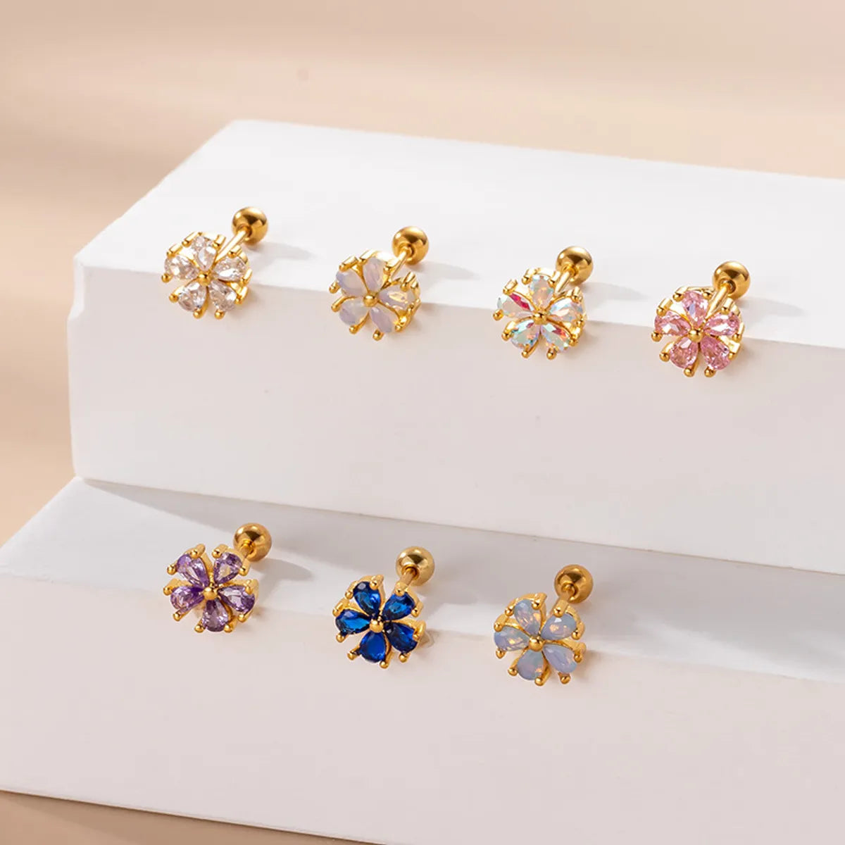 Sweet Flower Stainless Steel Plating Zircon Ear Studs 1 Piece