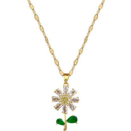 Sweet Flower Titanium Steel Copper Inlay Zircon Pendant Necklace