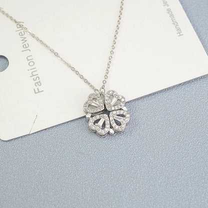 Sweet Four Leaf Clover Heart Shape Stainless Steel Inlay Artificial Diamond Pendant Necklace