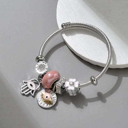 Sweet Fruit Heart Shape Eye Titanium Steel Rhinestones Pearl Bangle In Bulk