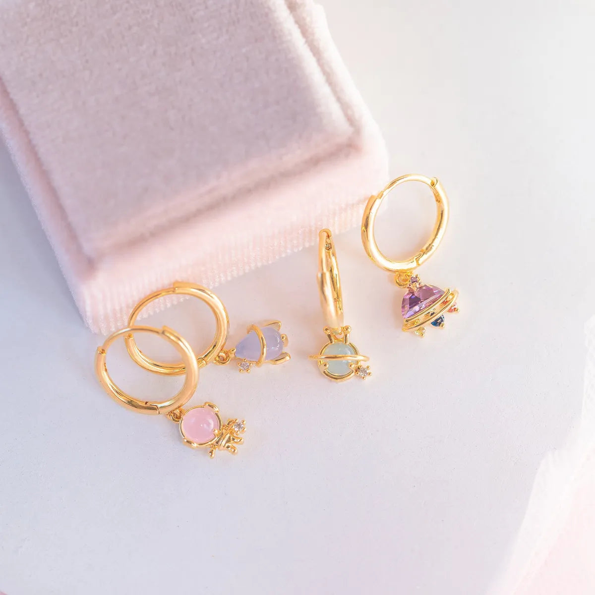 Sweet Geometric Brass Earrings Plating Artificial Gemstones Copper Earrings